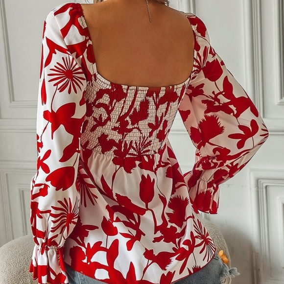 Boho Floral Print Off Shoulder Ruffle Sleeve Blouse - Picture 4 of 8
